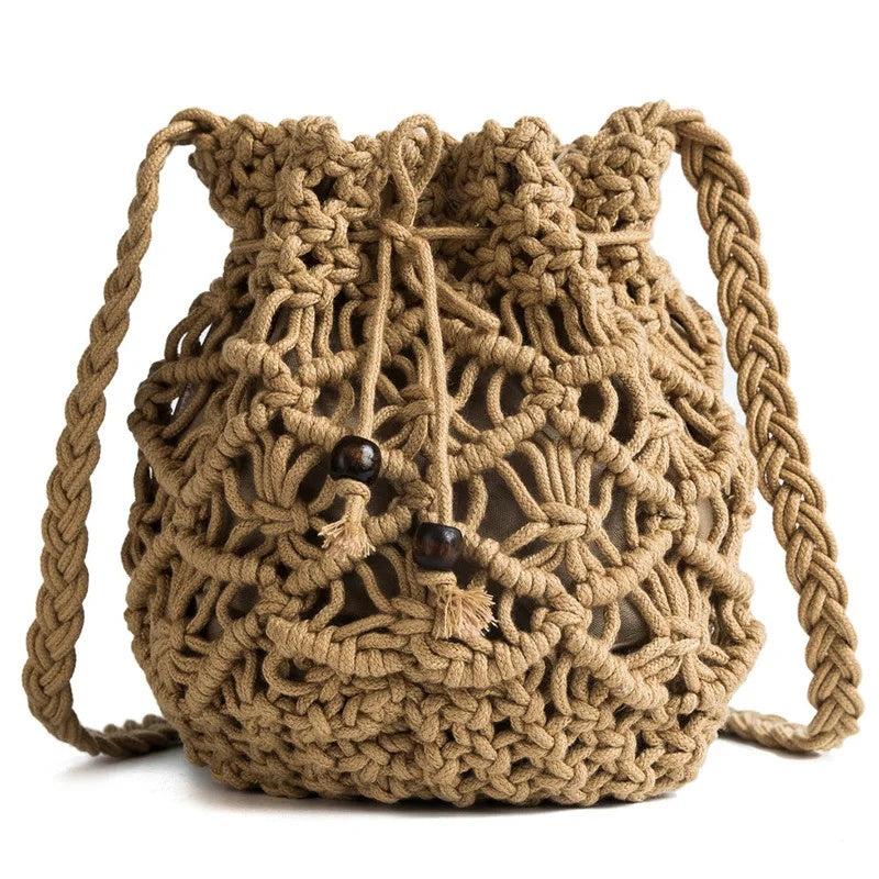 Women's Round Diagonal Cotton Crochet Tassel Small Bag