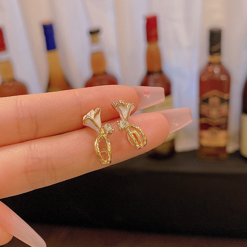 Sterling Silver Needle White Rose Flower Stud Earrings Light Luxury Minority Elegant Zircon