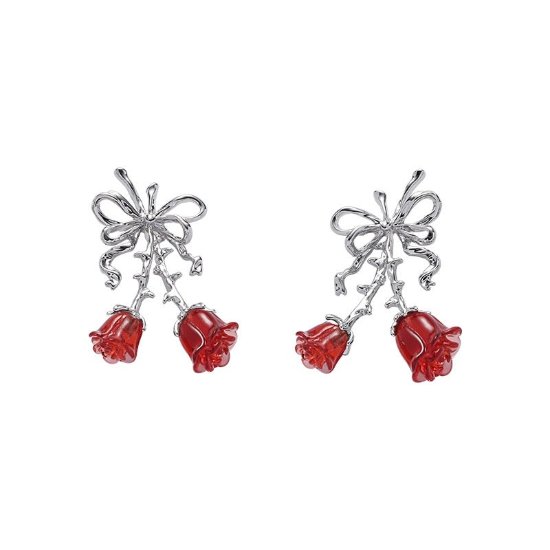 Red Rose Bow Earrings For Women