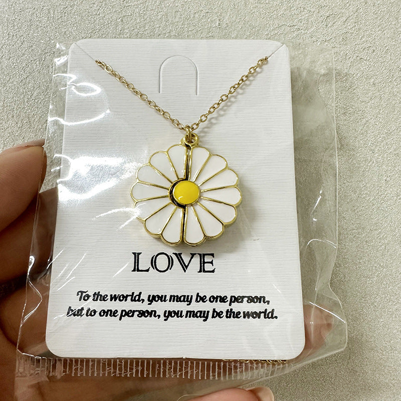 Daisy Stainless Steel Blank Inscription Necklace SUNFLOWER Gold Pendant Drop Oil Chrysanthemum Necklace