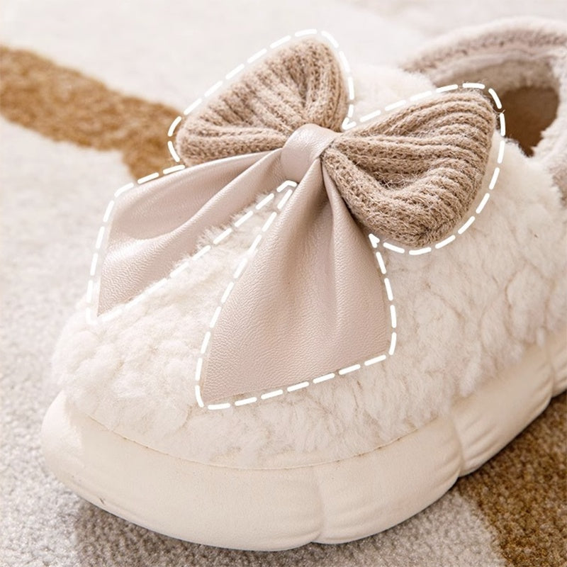 Zapatillas mullidas con Nudo De Lazo Grande Zapatos De Algodón con Tacón Cubierto Cálido De Invierno Zapatillas De Plataforma De Suela Gruesa De Moda Zapatos para Caminar En El Jardín Interior Y Exterior