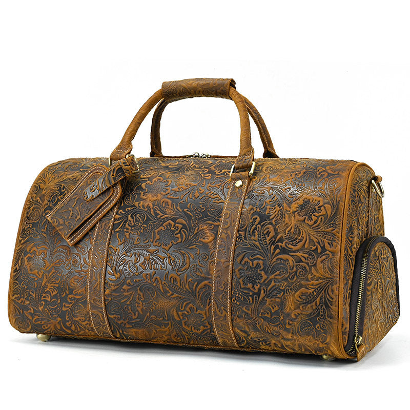 Sac à bagages imprimé Vintage, couche supérieure en cuir de vache, sac à main de loisirs, sac de sport