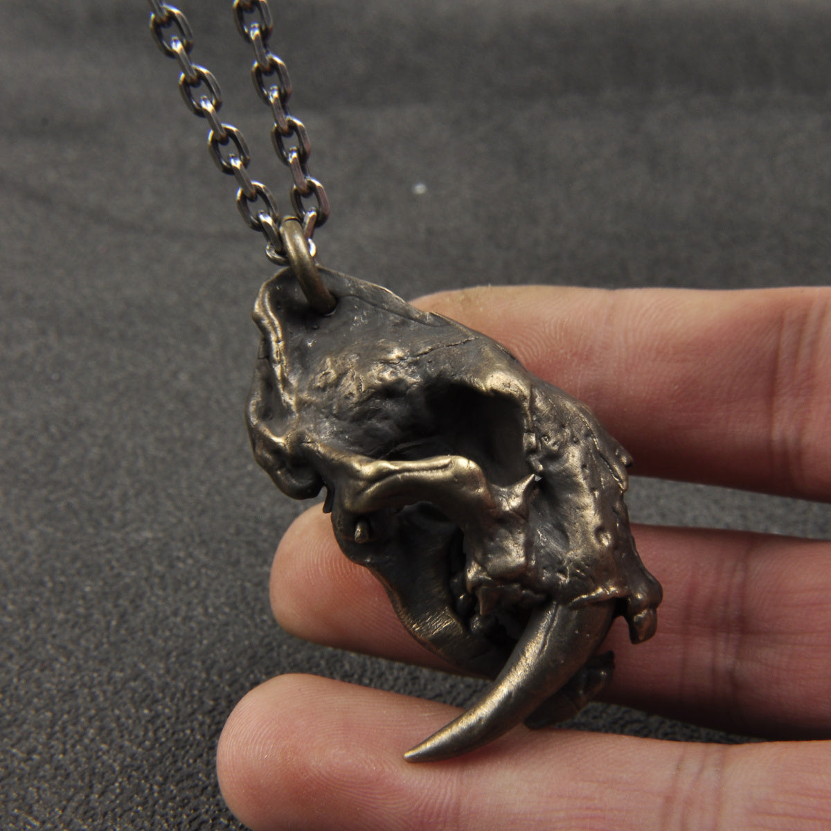 Vintage Brass Saber-toothed Cat Skull Pendant Necklace
