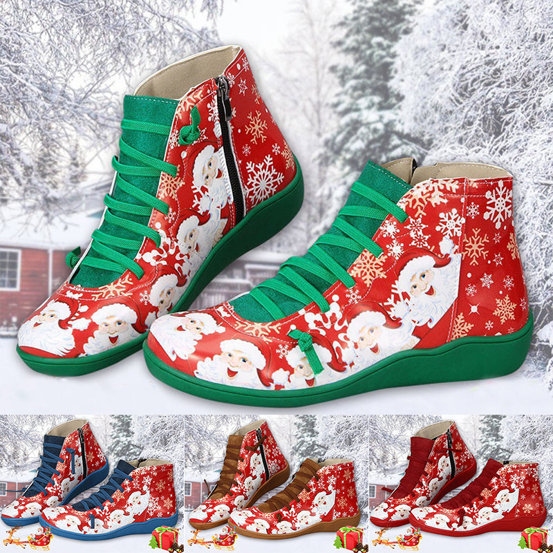 Bottines de noël pour femmes, chaussures plates décontractées avec imprimé de flocon de neige, fermeture éclair latérale, bottes courtes
