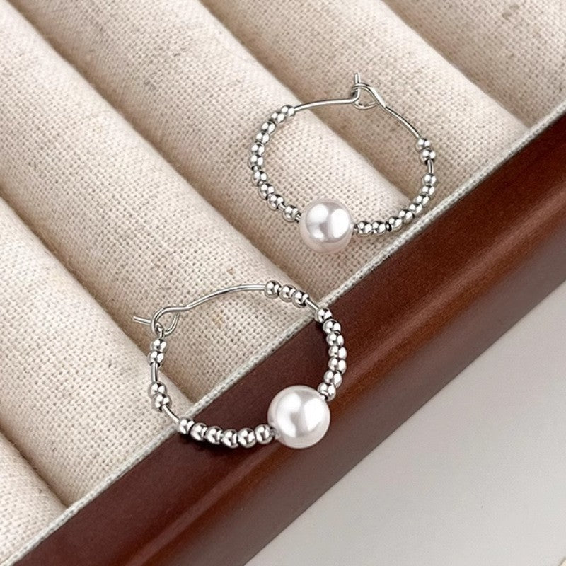 925 Sterling Silver Needle Pearl Stud Earrings Women's All-match Refined Simple