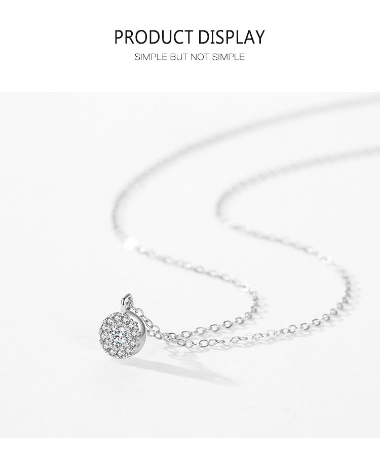 S925 Sterling Silver Round Finely Inlaid Pendant Necklace Women's Japanese And Korean Style