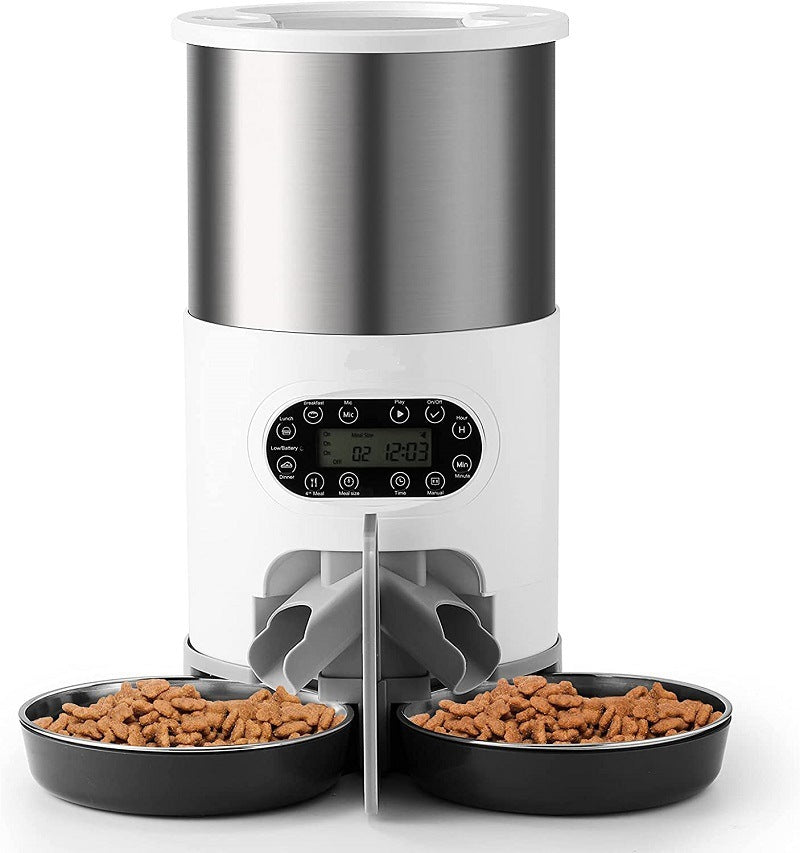 Alimentador inteligente para mascotas, dispensador automático de comida para gatos y perros, tazón de acero inoxidable, con sincronización de grabación, alimentación
