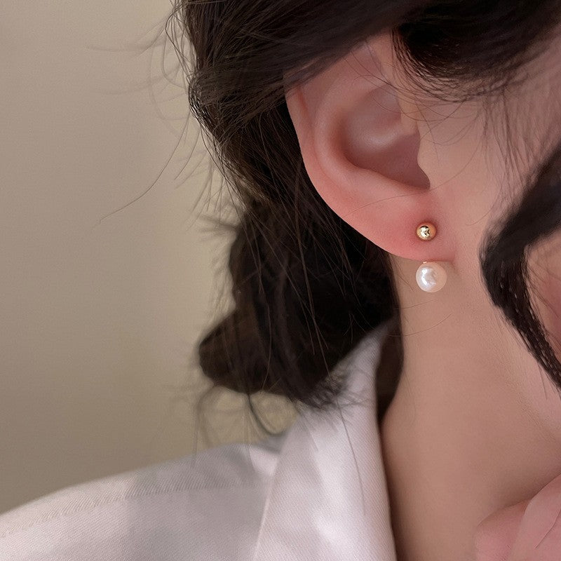 925 Sterling Silver Needle Pearl Stud Earrings Women's All-match Refined Simple