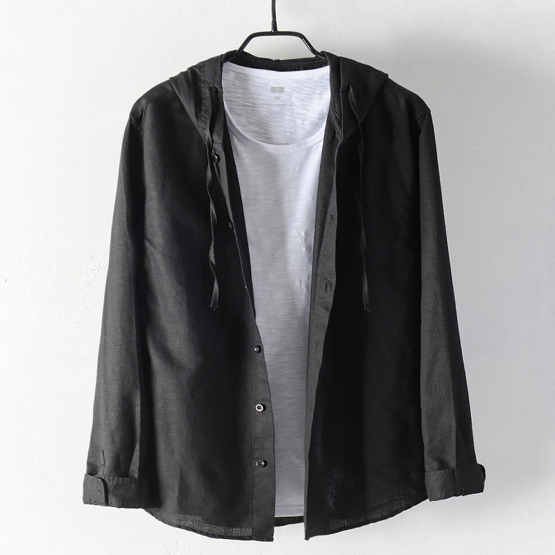 Men's Cotton And Linen Casual Hooded Long-sleeved Shirt