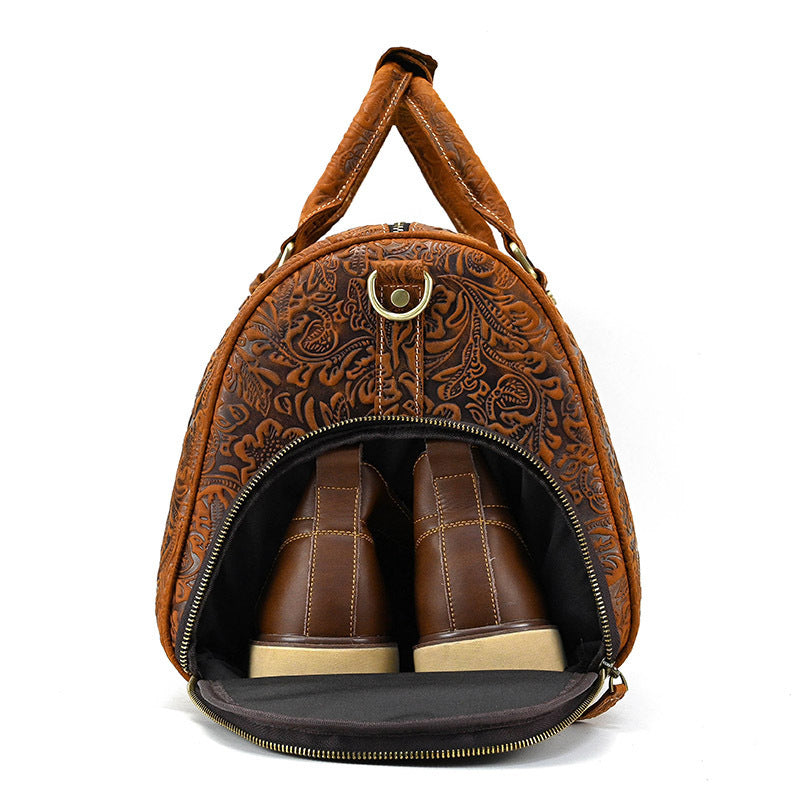 Sac à bagages imprimé Vintage, couche supérieure en cuir de vache, sac à main de loisirs, sac de sport