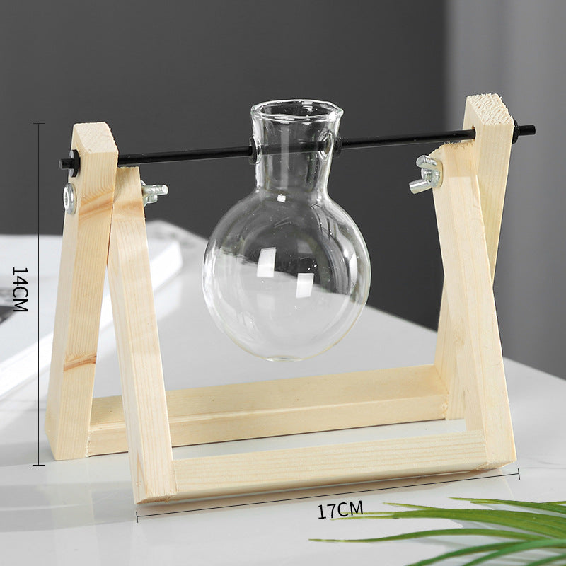 Vase en verre de récipient de plante hydroponique de support en bois d'oscillation