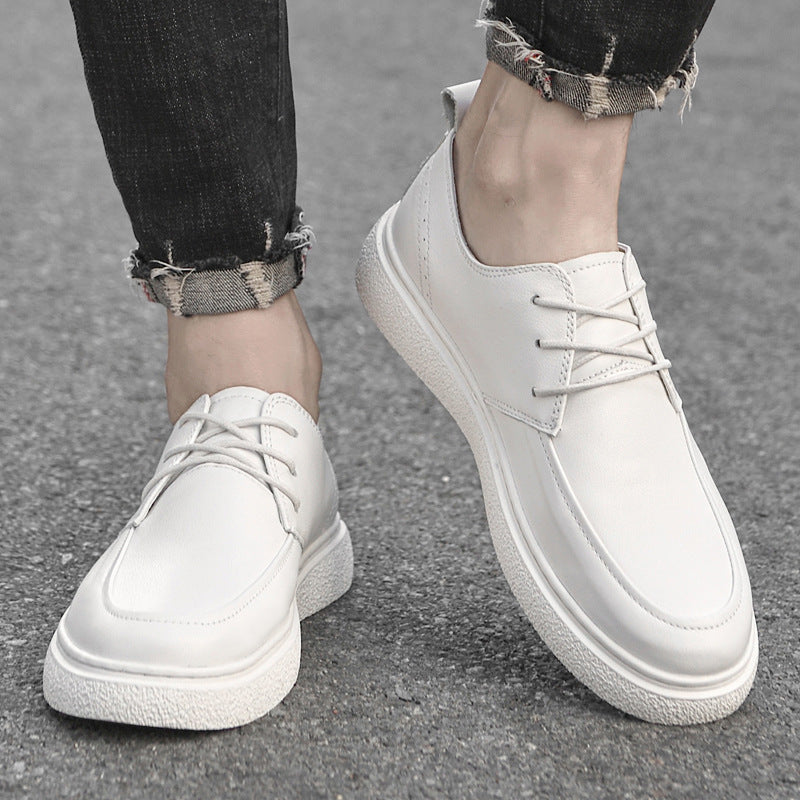 Escarpins décontractés en cuir de vache pour hommes, première couche, semelle en cuir, tête ronde, chaussures blanches basses