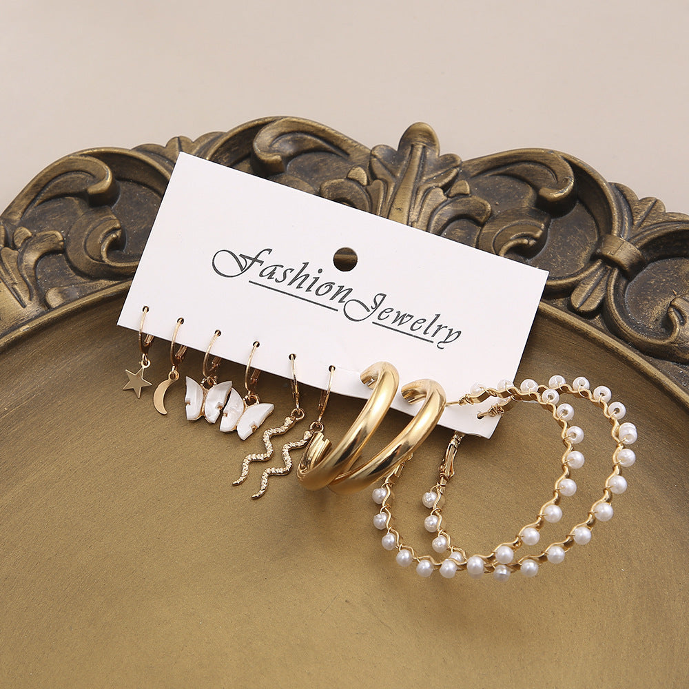 Ensemble de 5 boucles d'oreilles en perles de serpent et papillon, tempérament Simple
