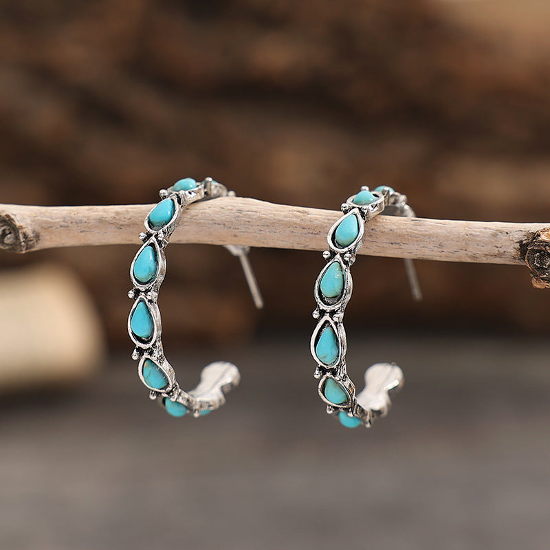 Boucle d'oreille occidentale en forme de goutte d'eau Turquoise, boucles d'oreilles rondes Turquoise en forme de C
