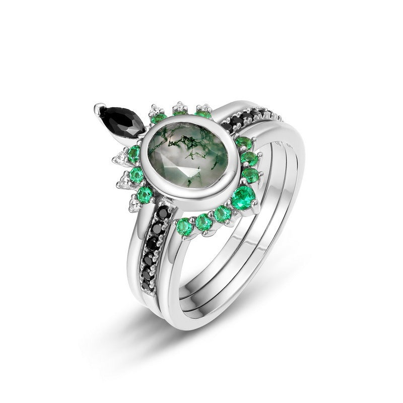 Bague femme en argent S925 incrustée de pierre de mousse verte
