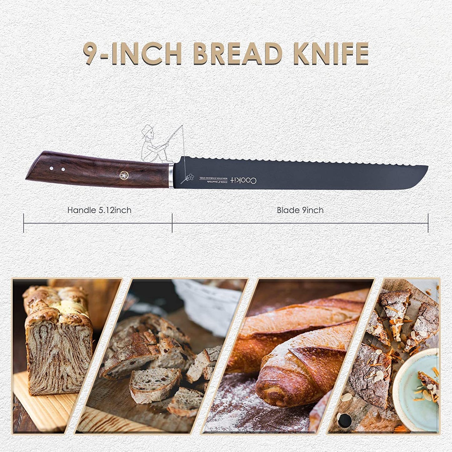 Couteau à pain de 9 pouces à bord dentelé, coupe forgé en acier inoxydable à haute teneur en carbone pour pain croustillant fait maison, plate-forme Amazon interdite