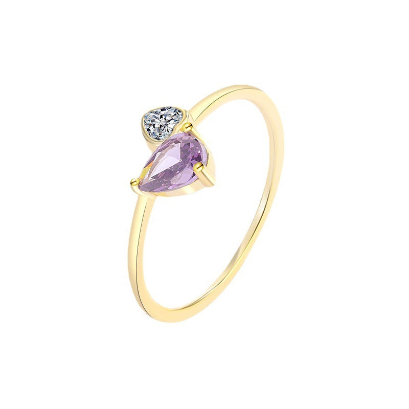 S925 Sterling Silver Plated 14K Gold Ring Purple Gem Peach Heart