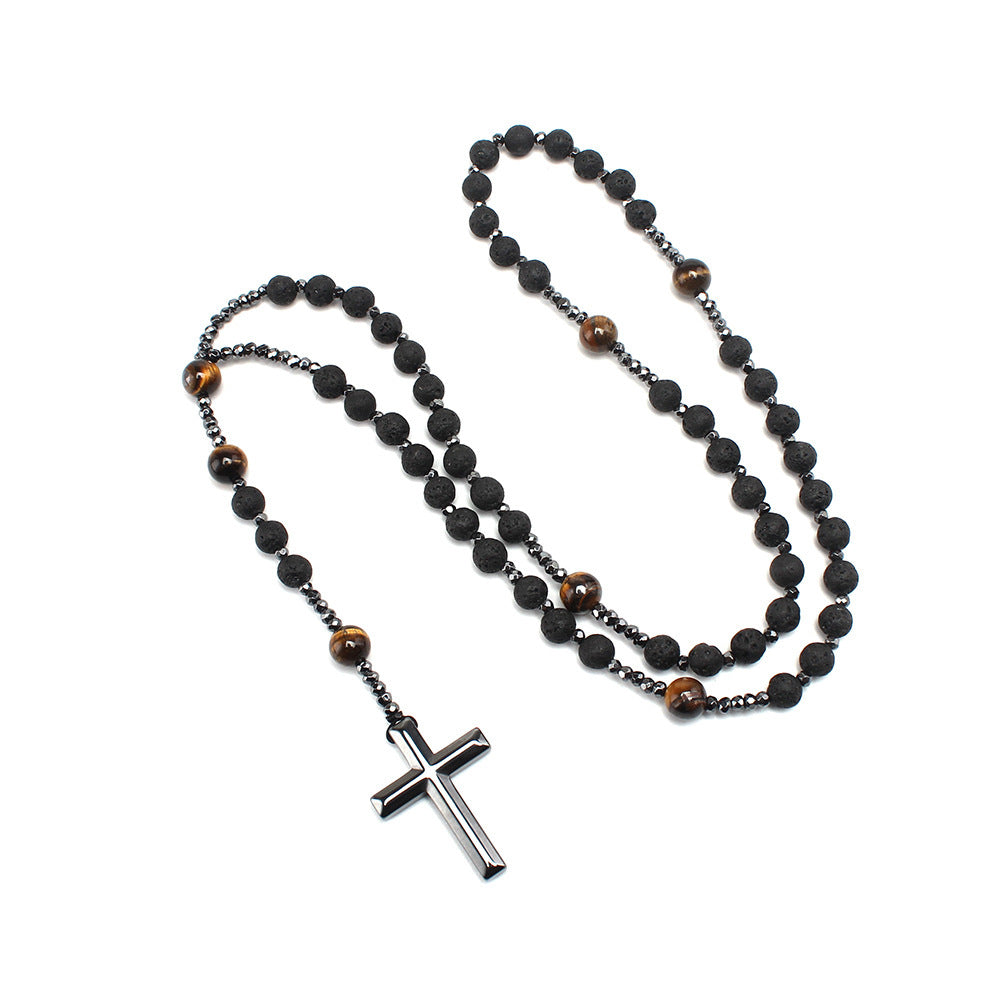 Natural Stone Black Volcanic Rock Yellow Tiger Eyes Haematite Cross Religion Men's Necklace Beads