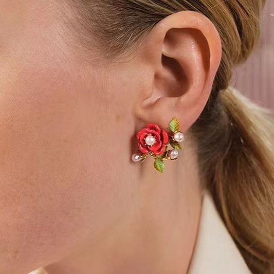 Boucles D'oreilles Corolle Rose Fleur Rouge Corail Perle Branches Et Feuilles Or