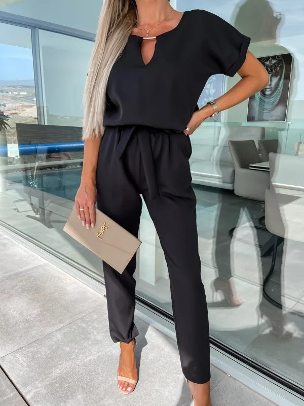 Independent Station New V-neck Short-sleeved Copper Tube Decoration Belt Jumpsuit Cropped Pants