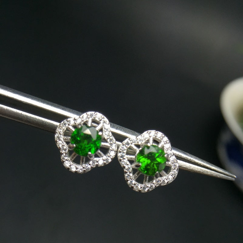 Boucles d'oreilles à tige en argent 925 avec émeraude diopside incrustée
