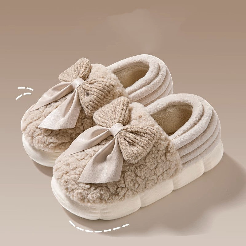 Zapatillas mullidas con Nudo De Lazo Grande Zapatos De Algodón con Tacón Cubierto Cálido De Invierno Zapatillas De Plataforma De Suela Gruesa De Moda Zapatos para Caminar En El Jardín Interior Y Exterior
