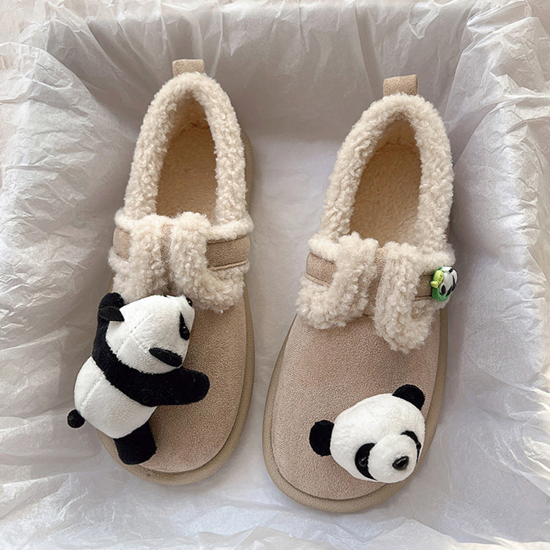 Chaussures en coton Panda de dessin animé épais doublées de polaire d'agneau mignonnes