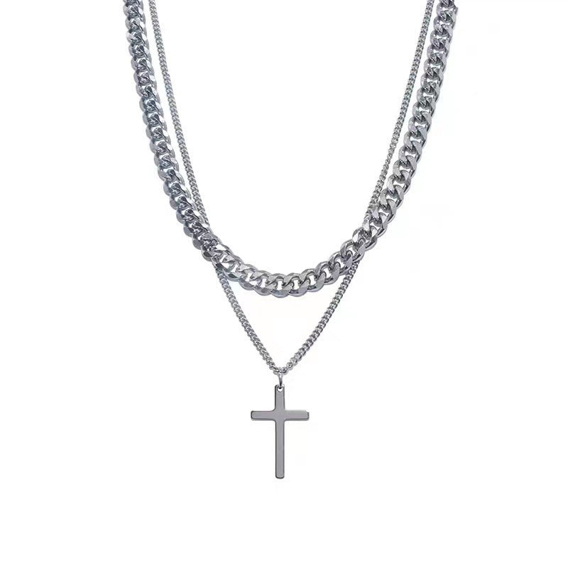 Collier croisé double couche en acier titane pour hommes cubains