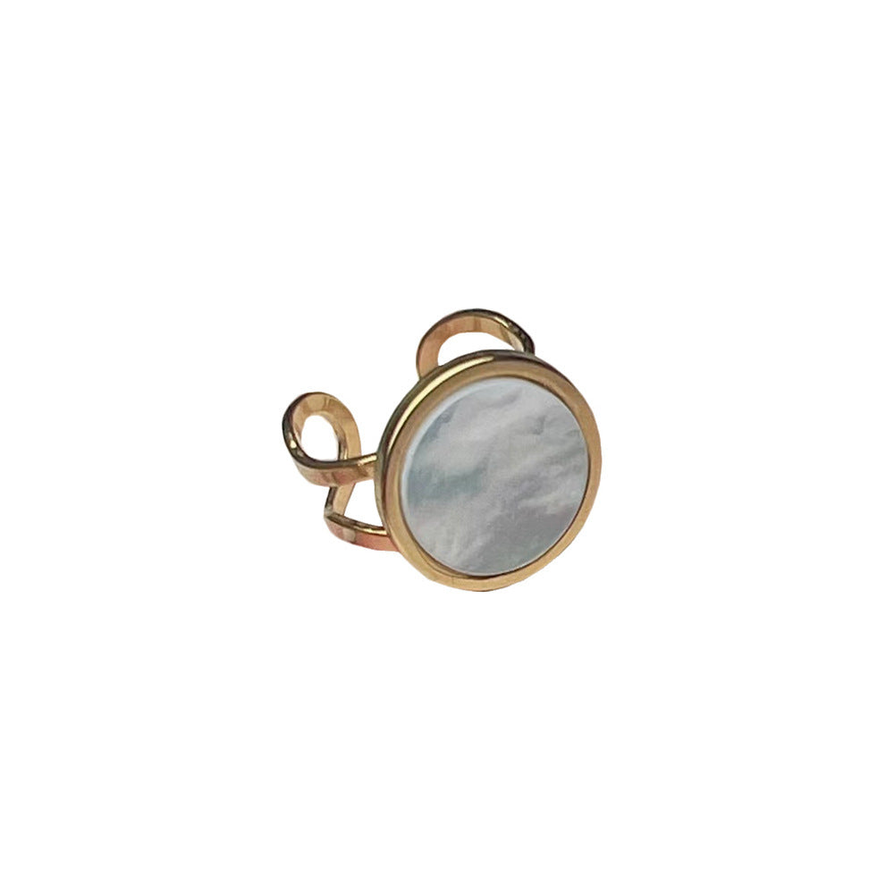 Anillo de Ágata Negra Concha Blanca Apertura de Acero Inoxidable Chapado en Oro