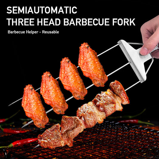 Agujas para brocheta de 3 puntas, tenedores de 3 vías para Kebab, tenedor para parrilla de barbacoa de acero inoxidable, barbacoa doméstica antiadherente