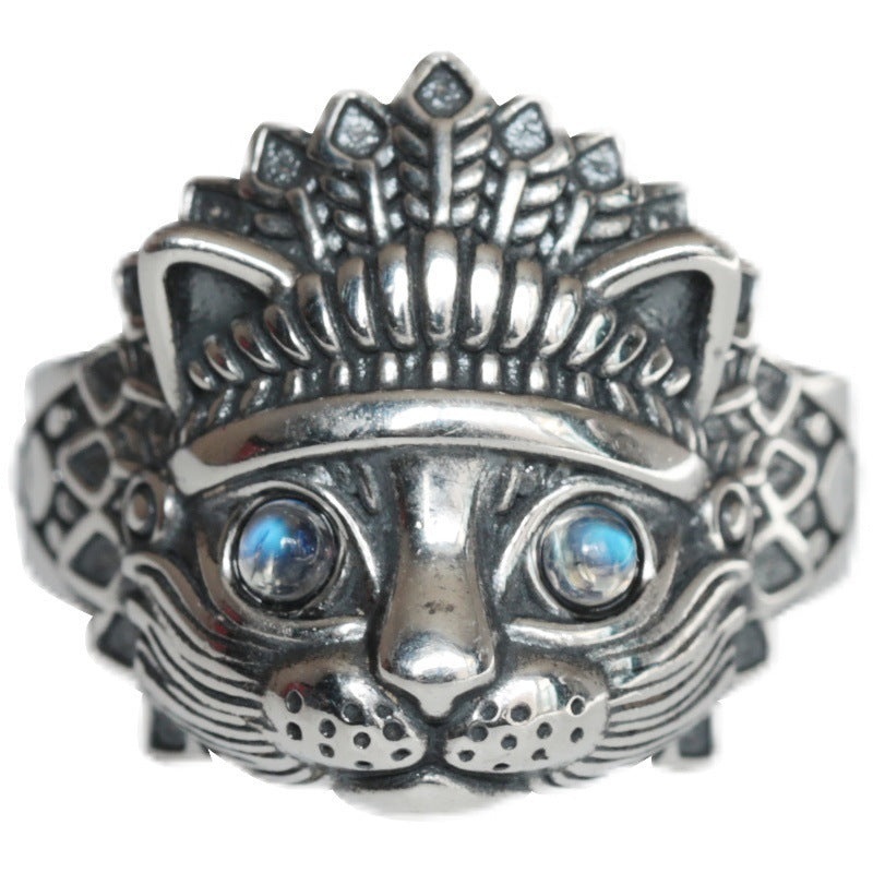 Anillo vintage con gato indio y piedra lunar para hombre