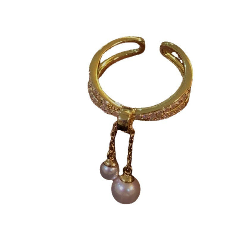 Anillo de doble capa con borla de circón y perla barroca galvanizada
