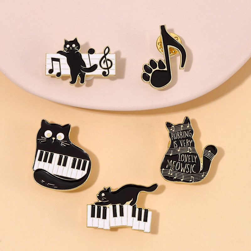 Broche en alliage de notes de piano de chat noir mignon