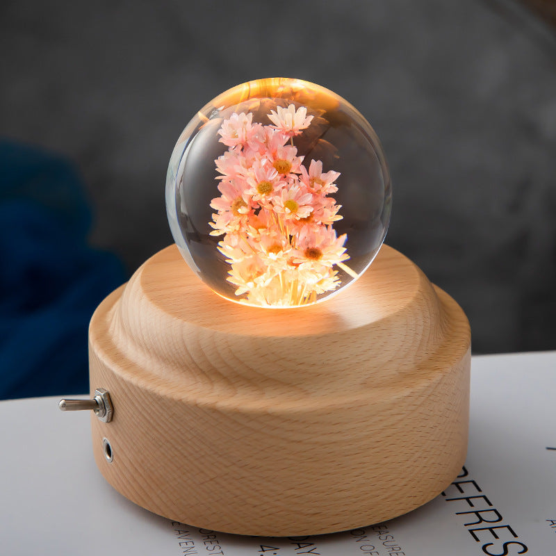 Lámpara LED de noche con bola de cristal y flores para niños, lámpara de noche con Base de madera, luz ambiental para dormitorio, regalo creativo, luz nocturna