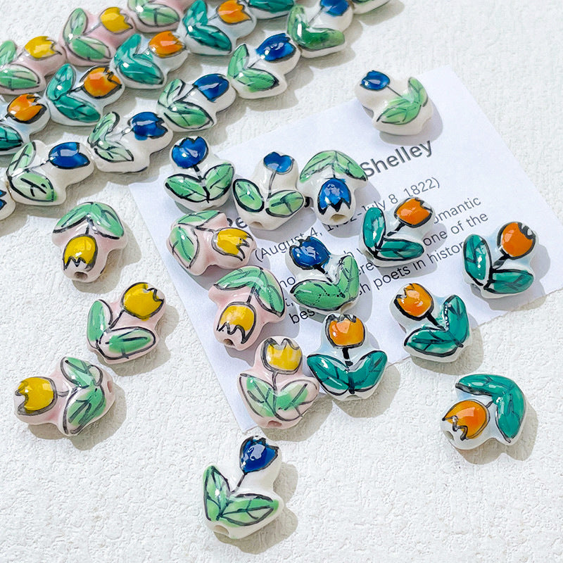 Porcelaine peinte à la main imprimé tulipe perles en céramique perforées bijoux à bricoler soi-même accessoires matériaux