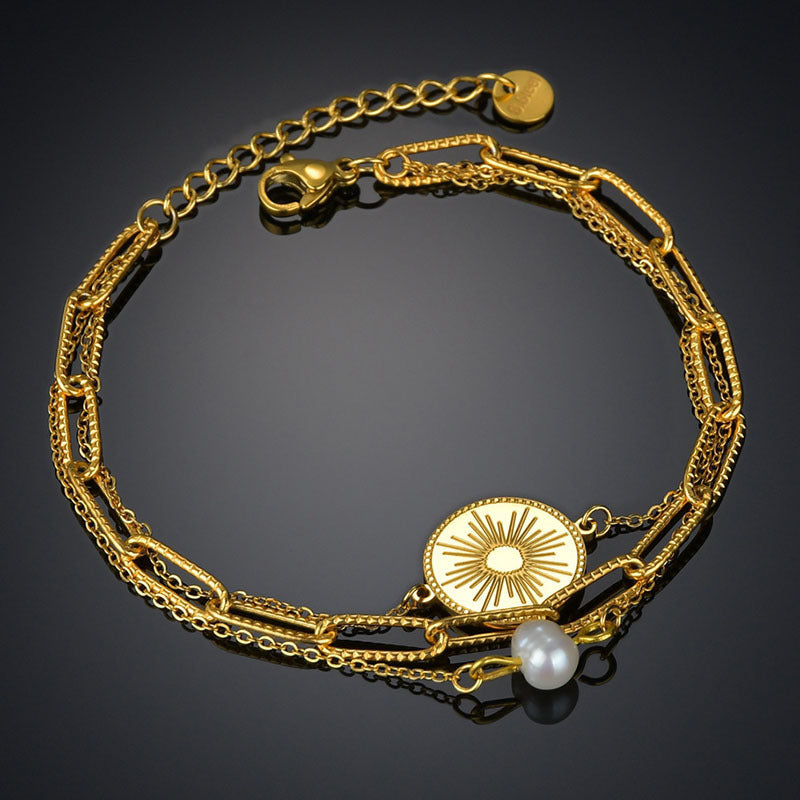 Bracelet en titane et acier, or 18 carats, trois couches, motif foncé, perles rondes, ornement