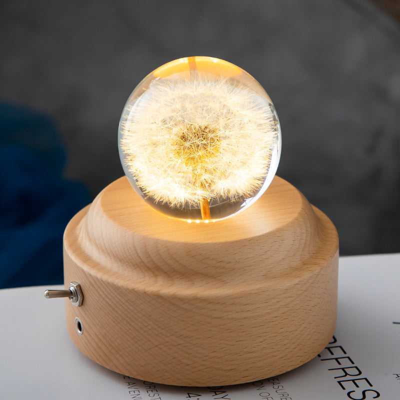Lámpara LED de noche con bola de cristal y flores para niños, lámpara de noche con Base de madera, luz ambiental para dormitorio, regalo creativo, luz nocturna