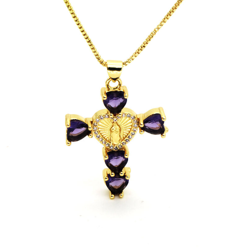 Hip-hop Fashion Inlaid Color Diamond Cross Love Virgin Mary Pendant Necklace For Women
