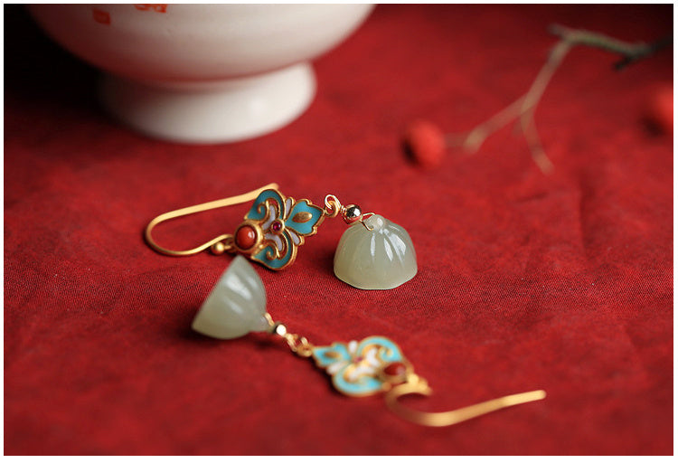 Boucles d'oreilles en argent Sterling et or ancien, Jade Hetian, graine de Lotus, émail pour femmes, rétro capricieuses