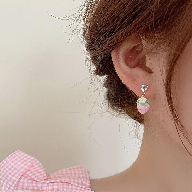 Boucles d'oreilles en argent plaqué or véritable, strass, Zircon, peinture en aérosol, amour fraise