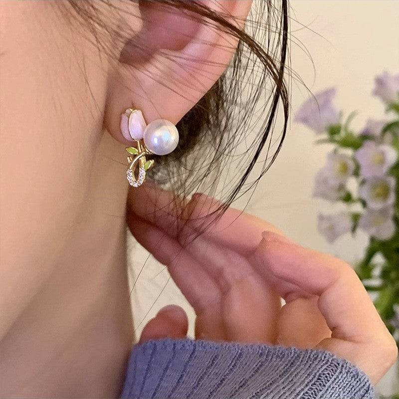 925 Sterling Silver Needle Pearl Stud Earrings Women's All-match Refined Simple