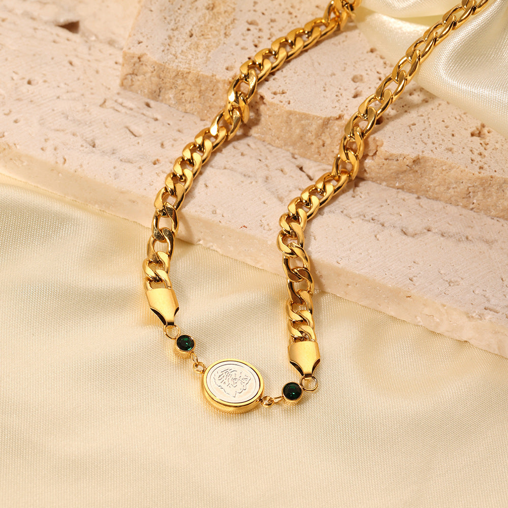 Cuban Link Chain Round Pendant Inlaid Zircon Necklace