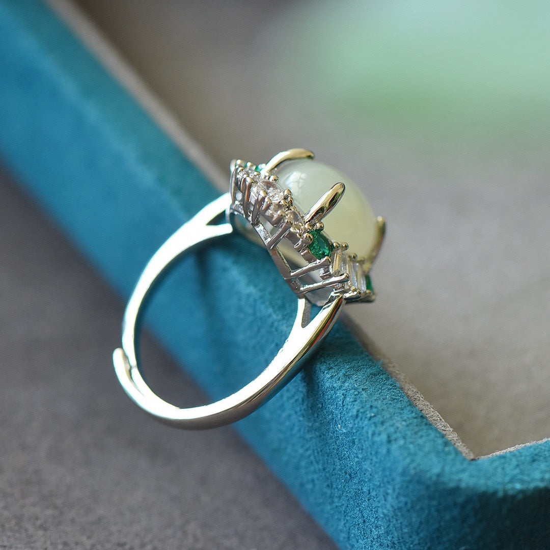 Bague de Surface d'œuf de Jade blanc incrusté de mode pour femmes 925