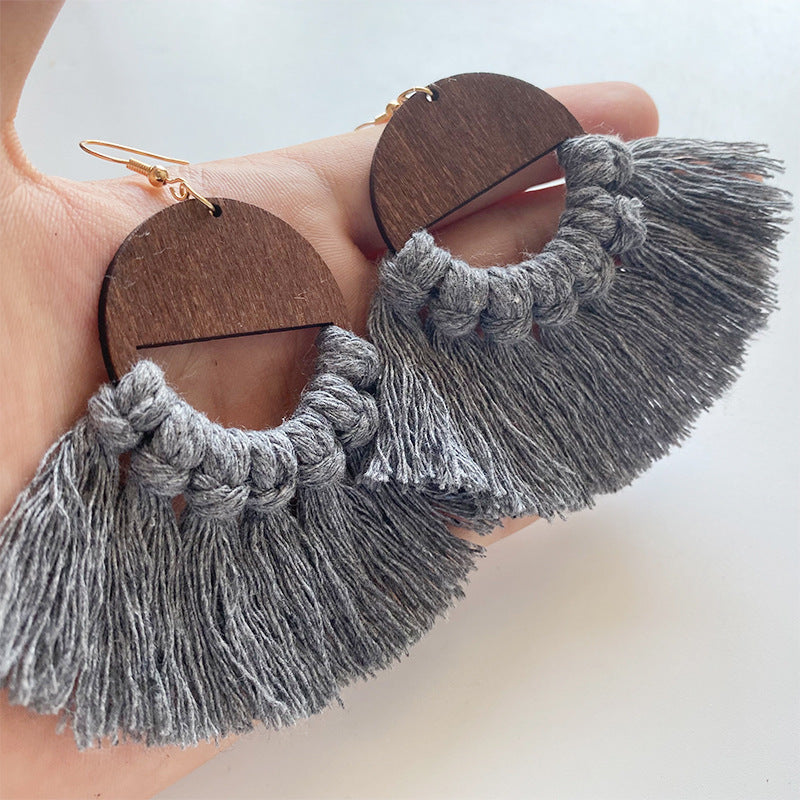 Pendientes Tejidos a Mano Macrame Madera Original Borla Ecológica