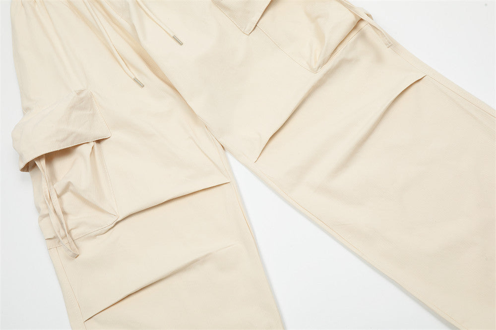 Loose Design Pleated Solid Color Multi-pocket Ankle Banded Pants