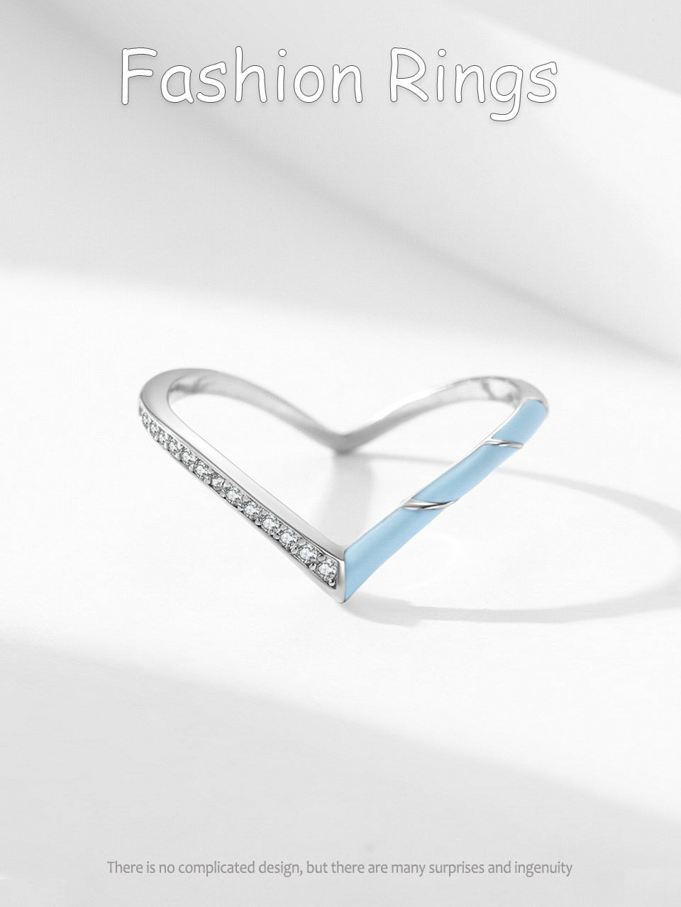 S925 Sterling Silver Fashion V-shaped Blue Enamel Diamond-studded Ring
