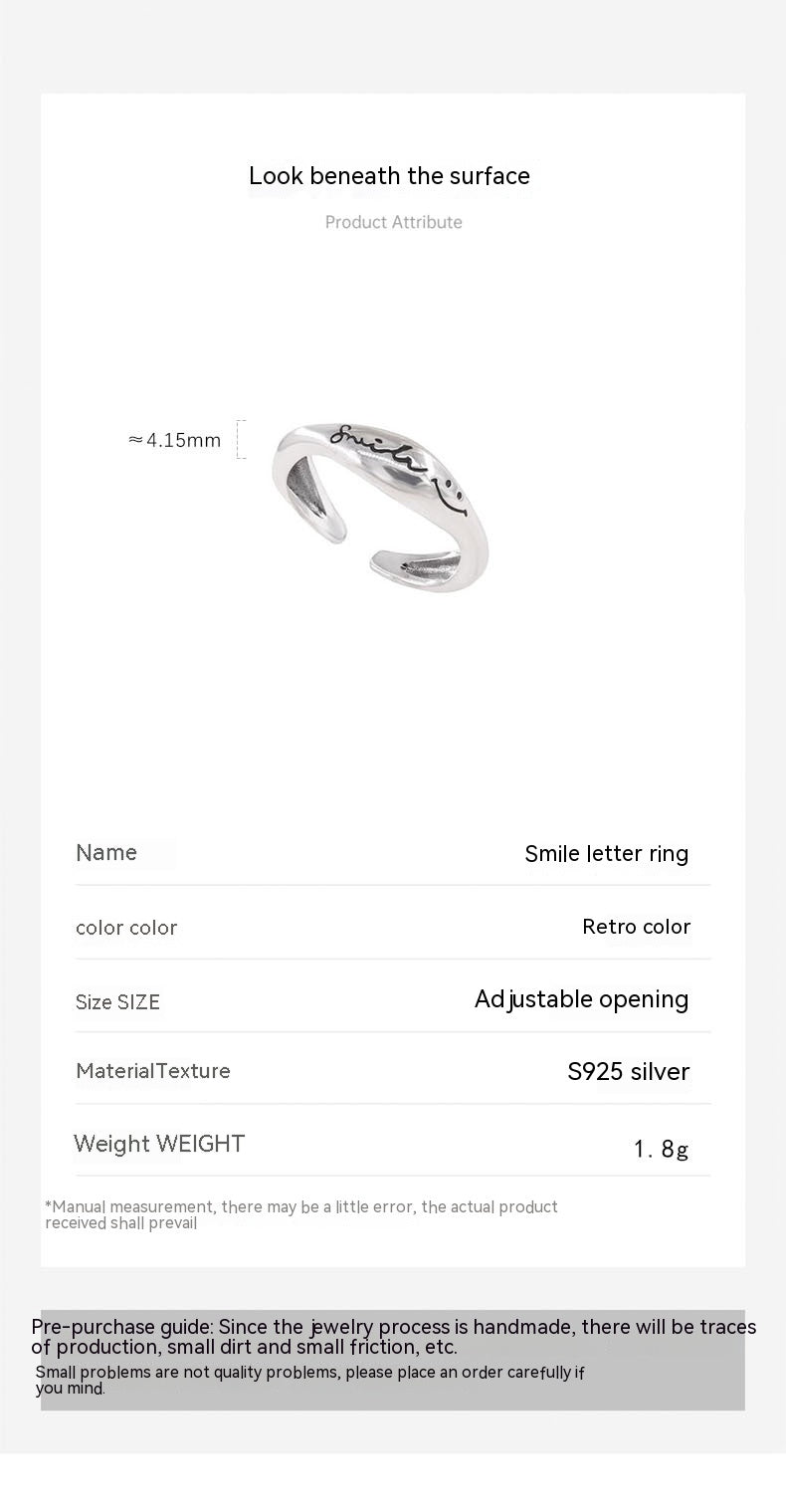 S925 Sterling Silver Smile Letters Ring Women