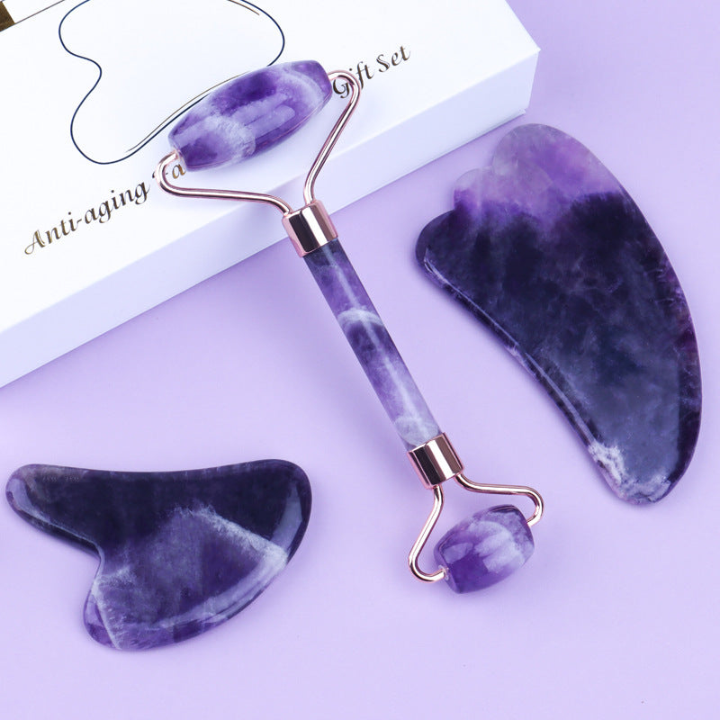 Juego de rodillos de amatista Masajeador Gua Sha en forma de corazón