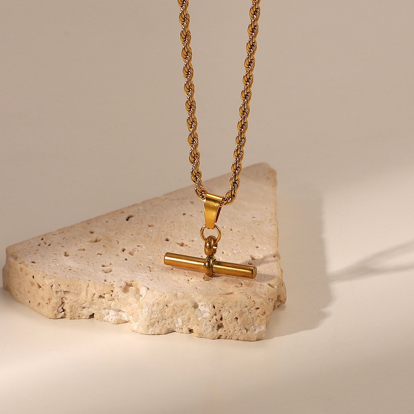 Collier avec pendentif en forme de barre en T en acier inoxydable, style Punk Hip Hop, or 18 carats, corde