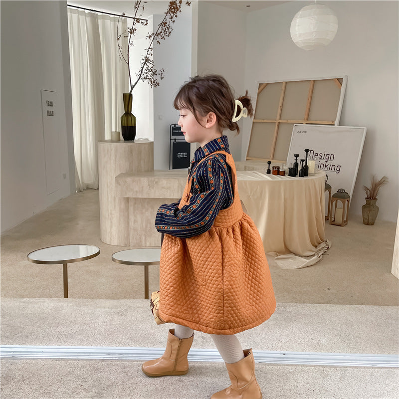 Costume deux pièces en polaire pour filles, chemise à fleurs, robe fantaisie à bretelles